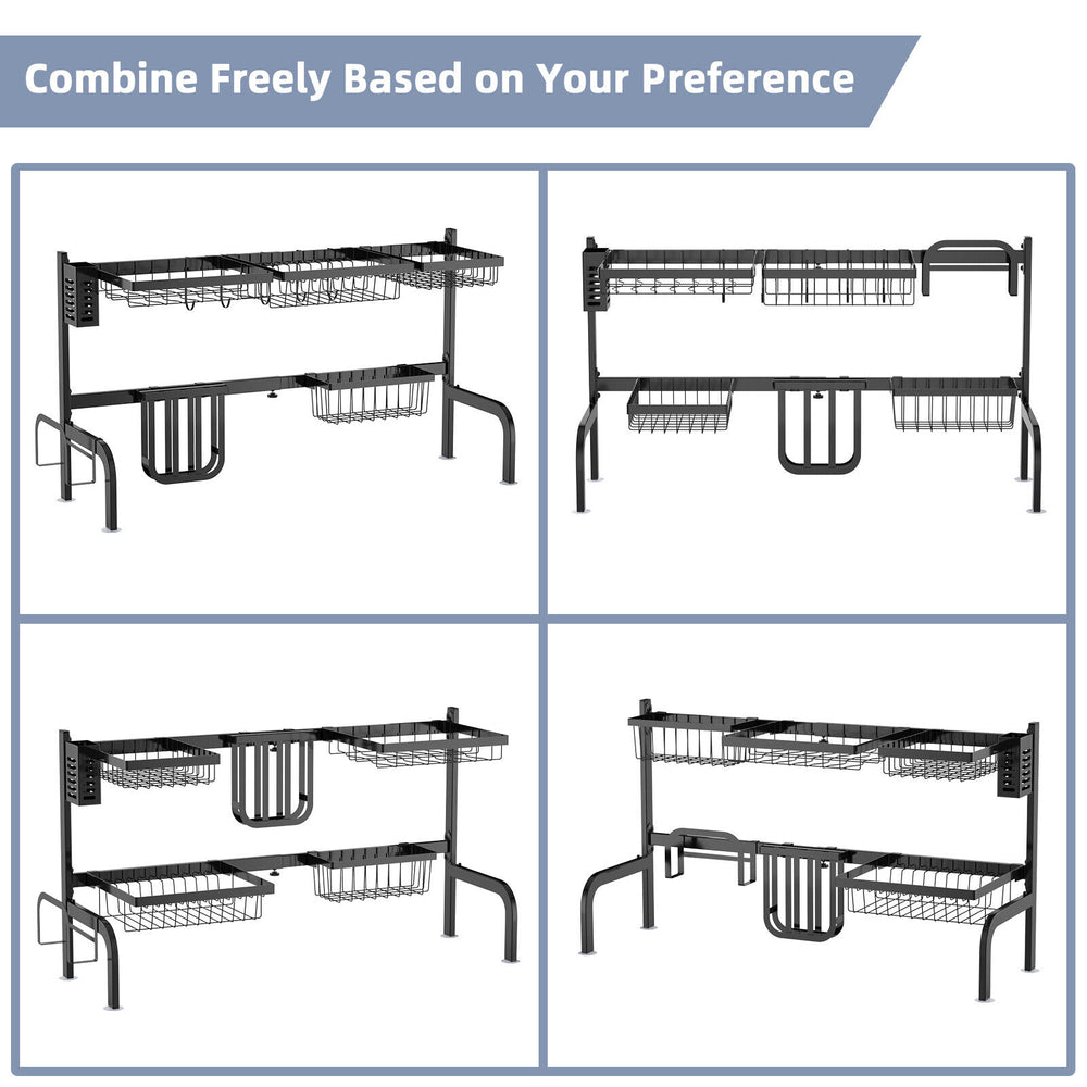 2 Tier adjustable over sink dish drying rack with 4 baskets and 8 hooks for efficient kitchen storage and organization.
