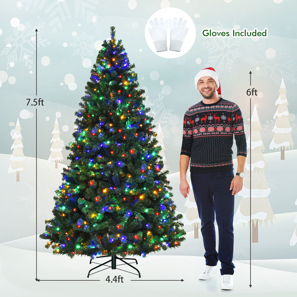 7.5 feet pre-lit artificial spruce Christmas tree with multicolor lights, featuring a festive design and easy assembly.