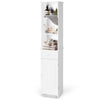 Tall white freestanding storage cabinet with open shelves and drawer, featuring adjustable shelves for versatile.