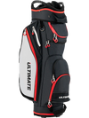 Golf cart bag in black with red accents, featuring 14-way dividers and 8 zippered pockets for organized storage.