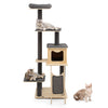 5-tier wooden cat tower with large condo, scratching posts, and washable cushions for feline play and relaxation.