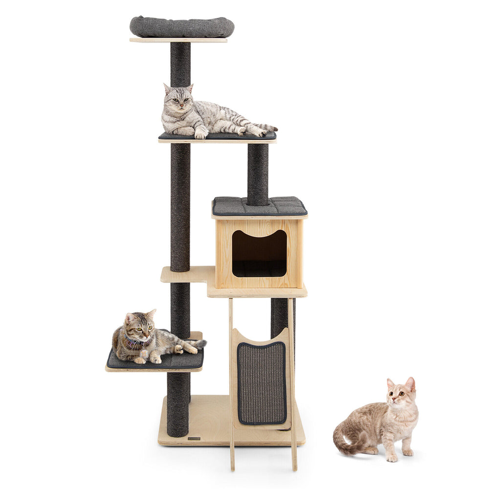 5-tier wooden cat tower with large condo, scratching posts, and washable cushions for feline play and relaxation.