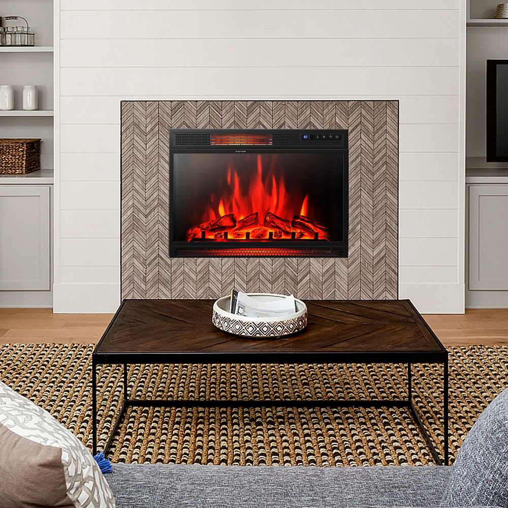 28-inch electric fireplace with realistic flame effects, remote control, and adjustable heat settings for cozy indoor.