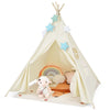 Foldable kids canvas teepee play tent with sturdy pine wood poles, side pockets, and a spacious play area for indoor.