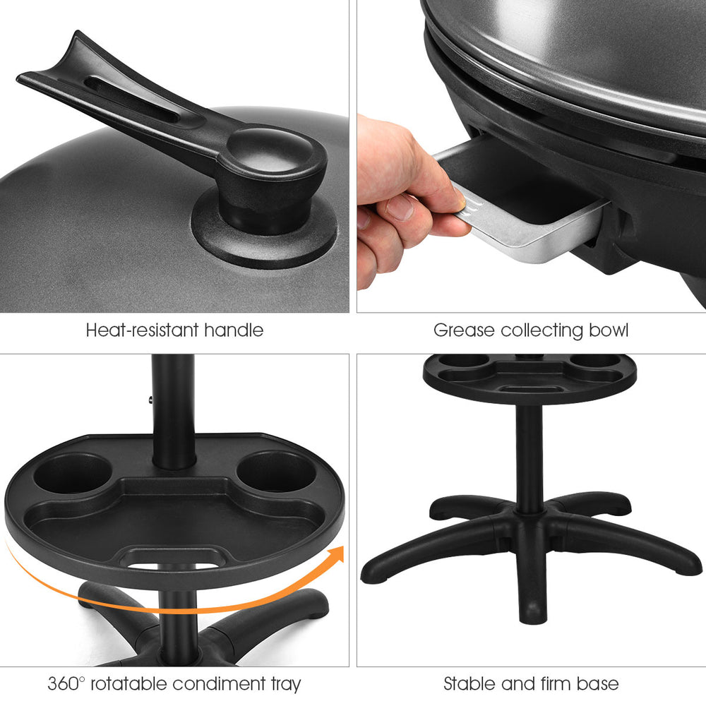 Outdoor electric BBQ grill with heat-resistant handle, grease collecting bowl, and 360° condiment tray for easy use.