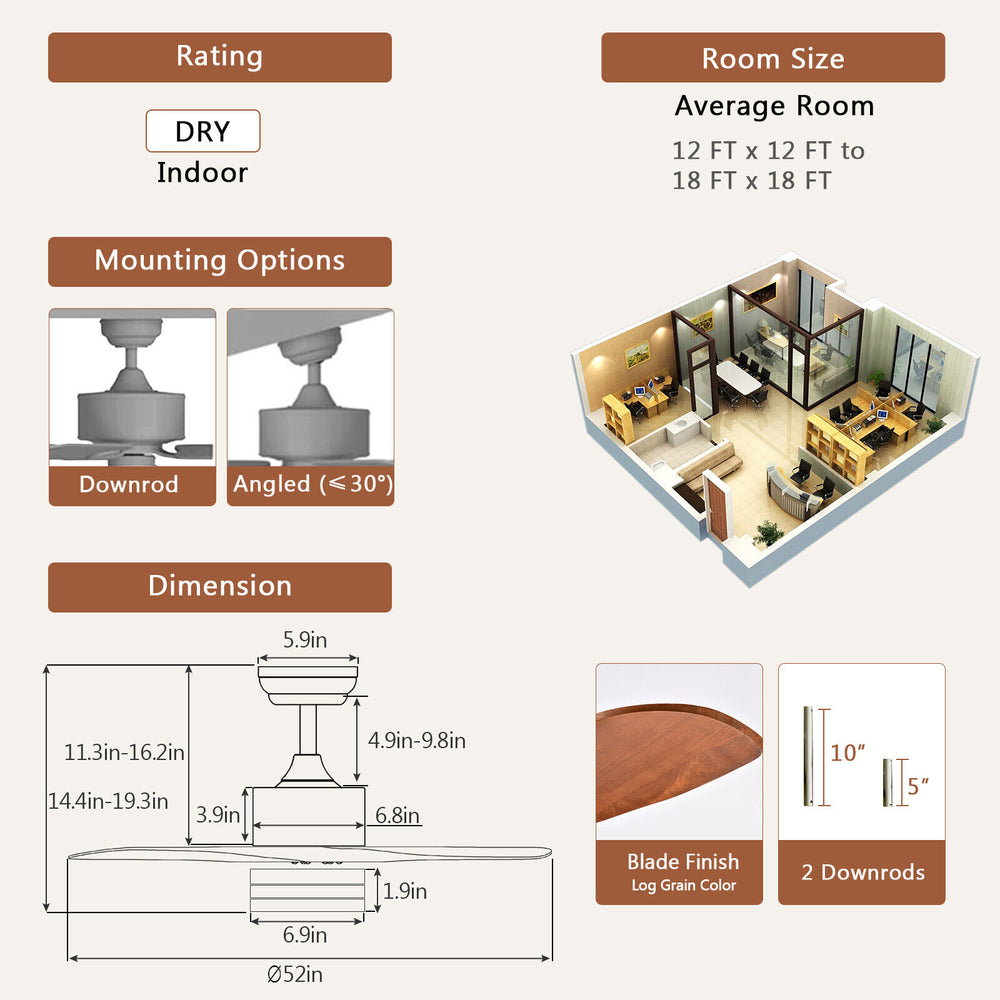 52-inch reversible ceiling fan with LED light, silver finish, remote control, suitable for summer and winter use.