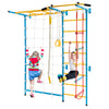 Kids climbing on a 7-in-1 indoor gym playground with monkey bars and rope wall, designed for solid walls in yellow.