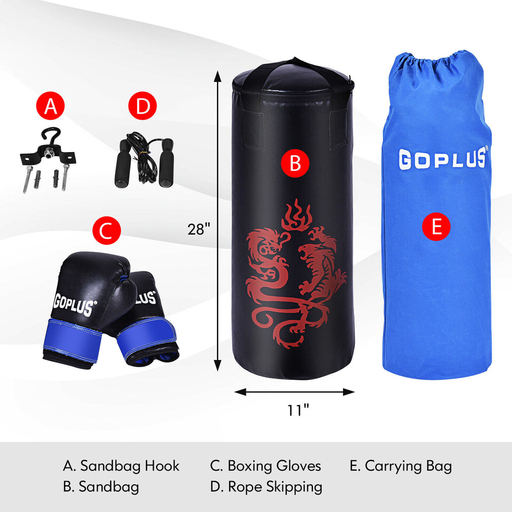 Filled punching boxing set featuring a 28" sandbag, gloves, jump rope, and carrying bag for MMA and contact sports.