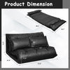 Dimension chart of foldable black PU leather leisure sofa bed with two pillows, showcasing adjustable positions and.