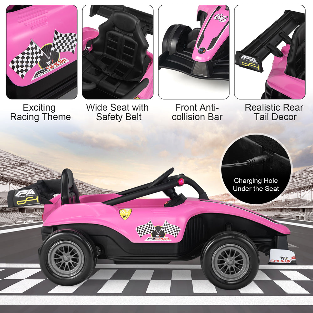 Pink 12V kids ride-on electric Formula racing car with safety belt, remote control, and shock-absorbing wheels for fun.