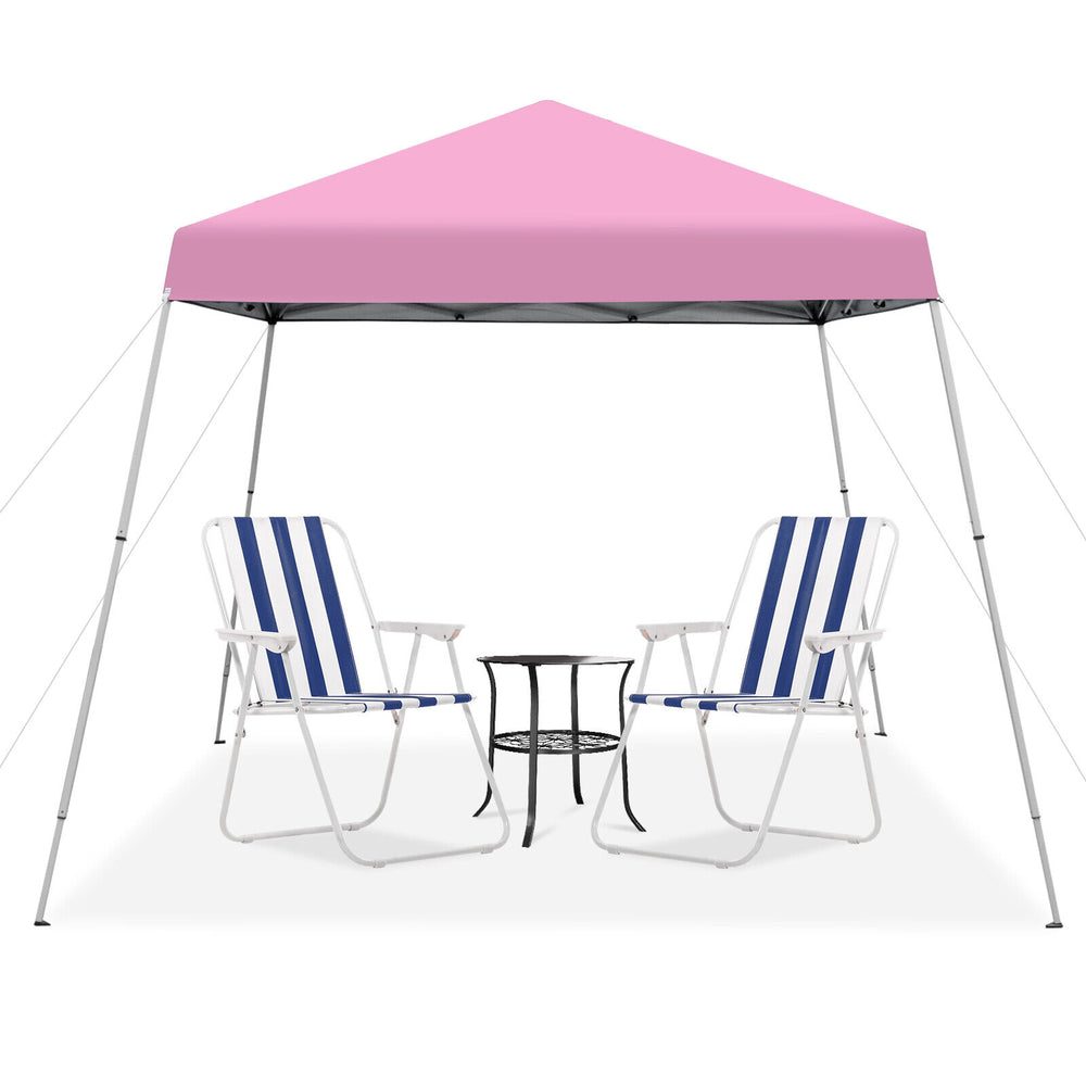 Pink 10 x 10 feet outdoor pop-up canopy with two striped chairs and a table, perfect for camping and gatherings.