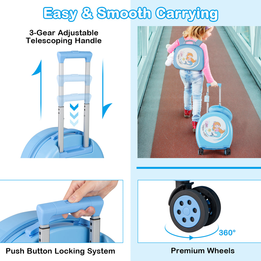 Kids 14" blue hardside luggage with adjustable handle and smooth wheels, perfect for travel adventures.