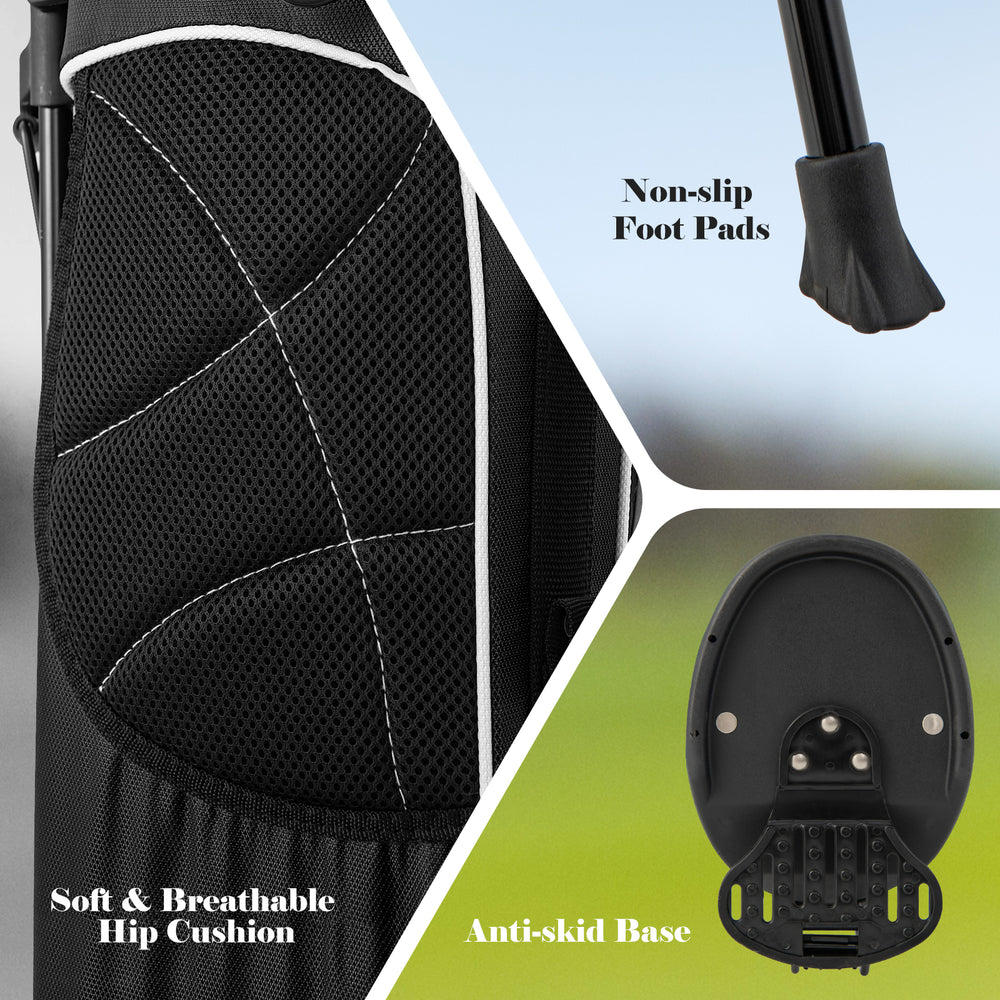 Close-up of the Golf Stand Cart Bag showing the breathable hip cushion and anti-skid base for stability on various.