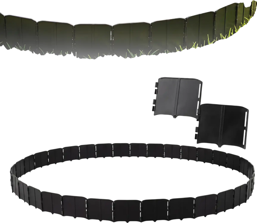 Garden edging borders in black, featuring a no-dig interlocking design, ideal for flower beds and garden paths.