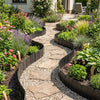 Black garden edging borders create a winding path for flower beds, featuring an interlocking design for easy installation.