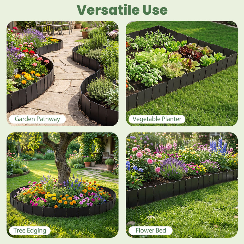 Garden edging borders in black, featuring interlocking design for versatile use in flower beds, paths, and planters.