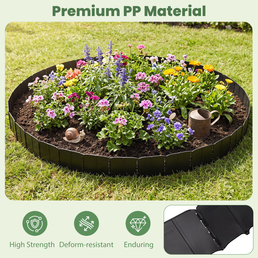 Garden edging borders made of premium PP material, featuring an interlocking design for flexible flower bed shapes.