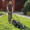 Electric corded lawn mower in black and green, featuring a 13-inch cutting width and foldable handle for easy storage.