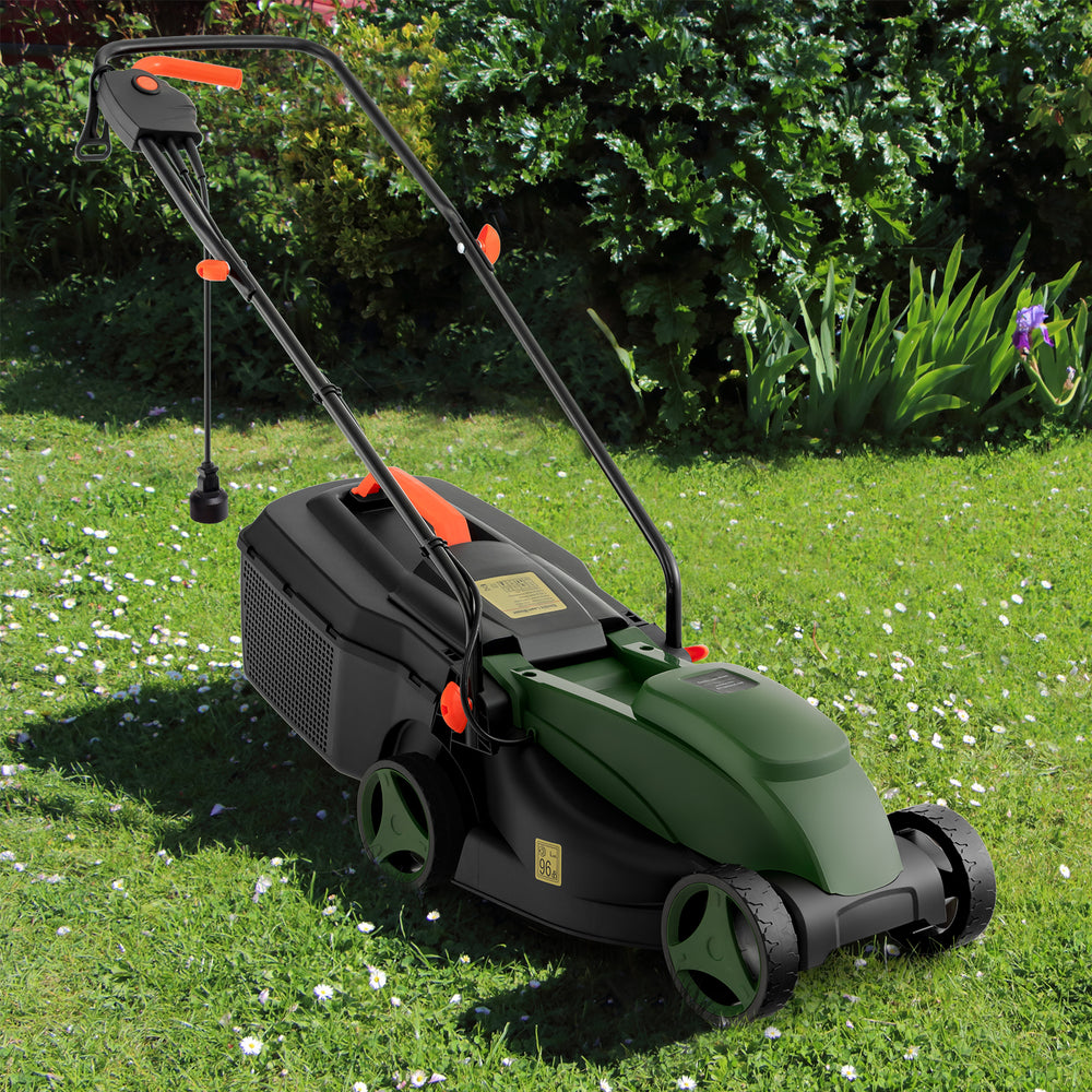 Electric corded lawn mower showcasing a 10-AMP motor, 13-inch cutting width, and adjustable height for versatile mowing.