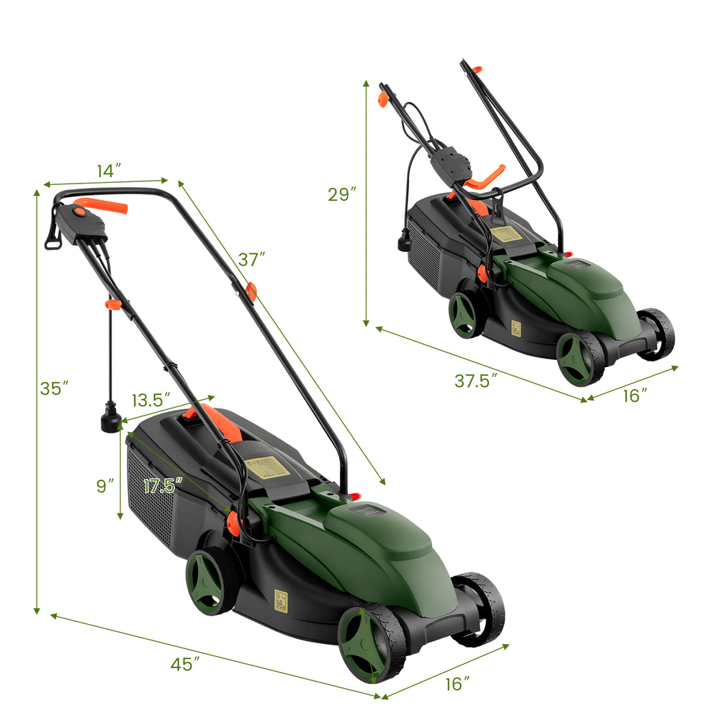 Electric corded lawn mower with a 13-inch cutting width, foldable handle, and 25L collection box for easy storage.
