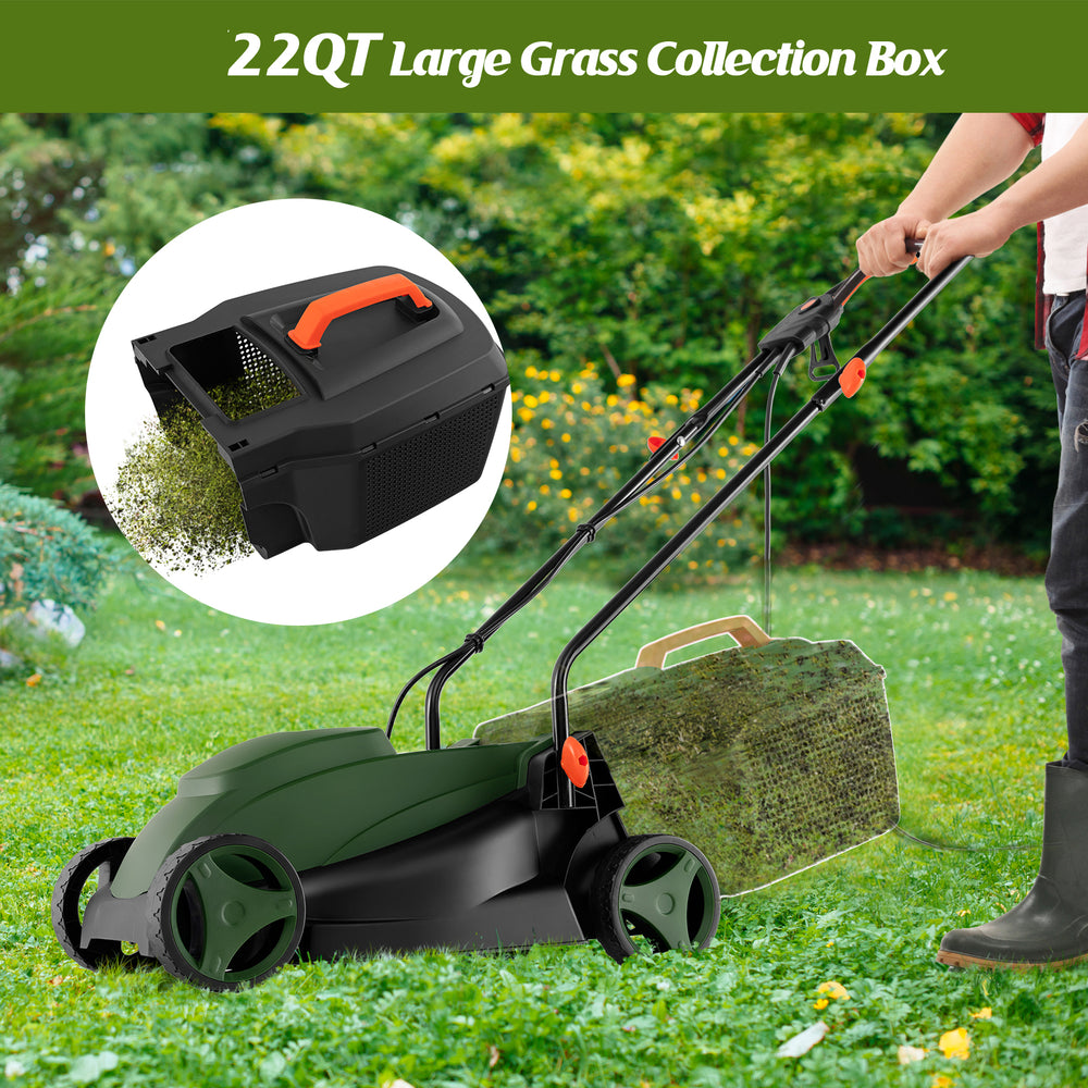 Electric corded lawn mower with 22QT grass collection box, featuring a 13-inch cutting width and foldable handle for.