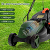 Electric corded lawn mower with a 10-AMP motor, 13-inch cutting width, and foldable handle for easy storage.