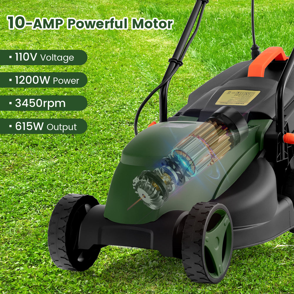 Electric corded lawn mower with a 10-AMP motor, 13-inch cutting width, and foldable handle for easy storage.