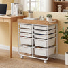 10-drawer rolling cart with wooden tabletop and lockable wheels, ideal for organized storage in offices or studios.