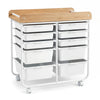 10-drawer rolling cart with wooden tabletop and lockable wheels, ideal for organized storage in offices or classrooms.