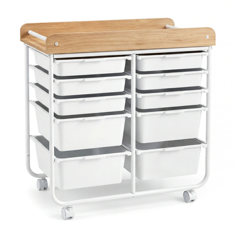 10-drawer rolling cart with wooden tabletop and lockable wheels, ideal for organized storage in offices or classrooms.