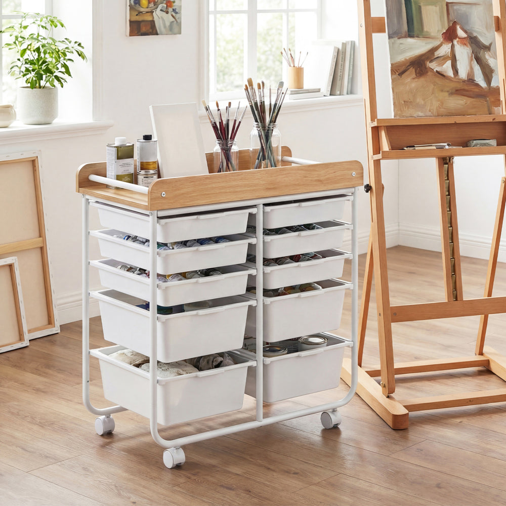 10-drawer rolling cart showcasing a thick MDF tabletop, ideal for versatile storage in art studios or classrooms.
