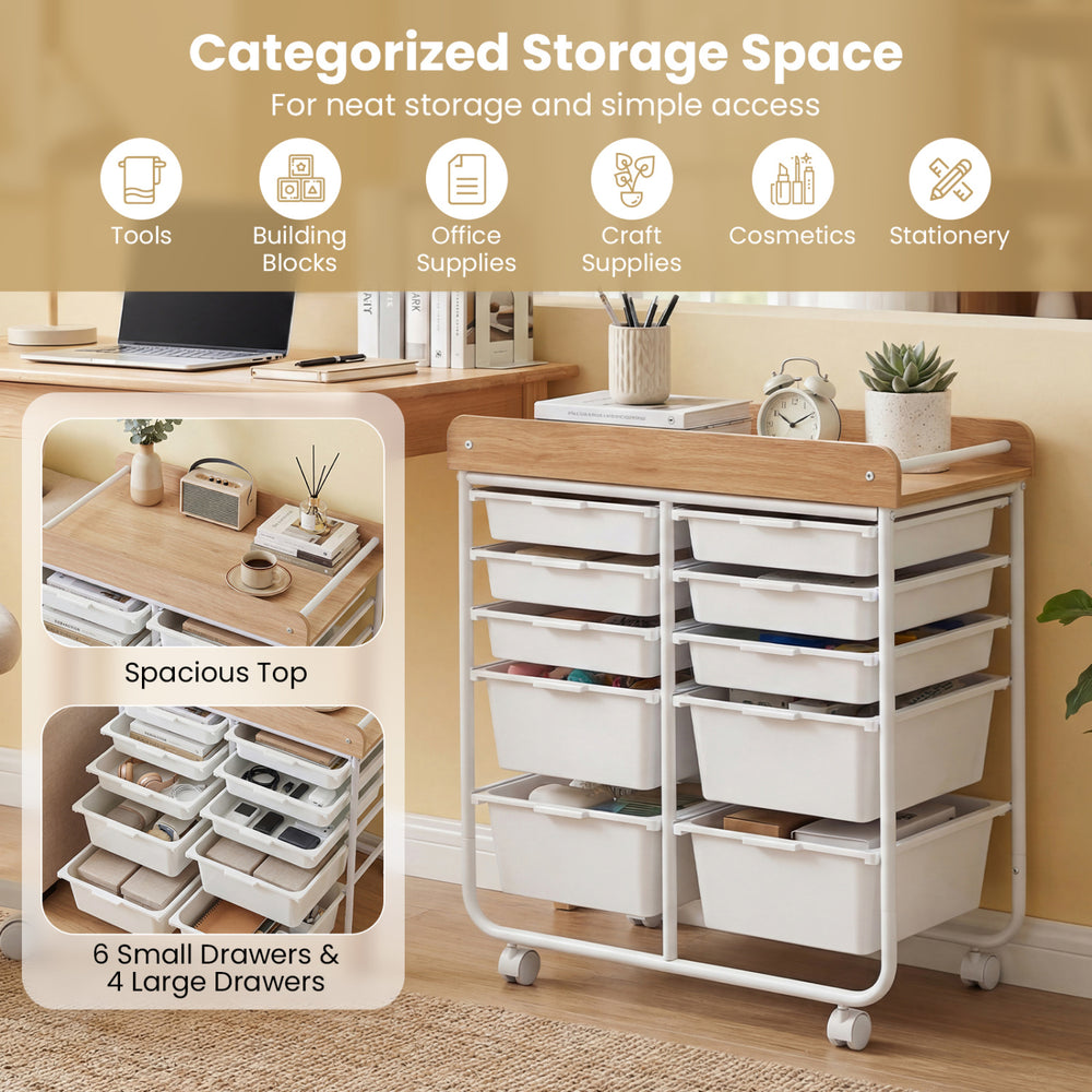 10-drawer rolling cart with wooden tabletop, lockable wheels, and organized storage for office or classroom use.