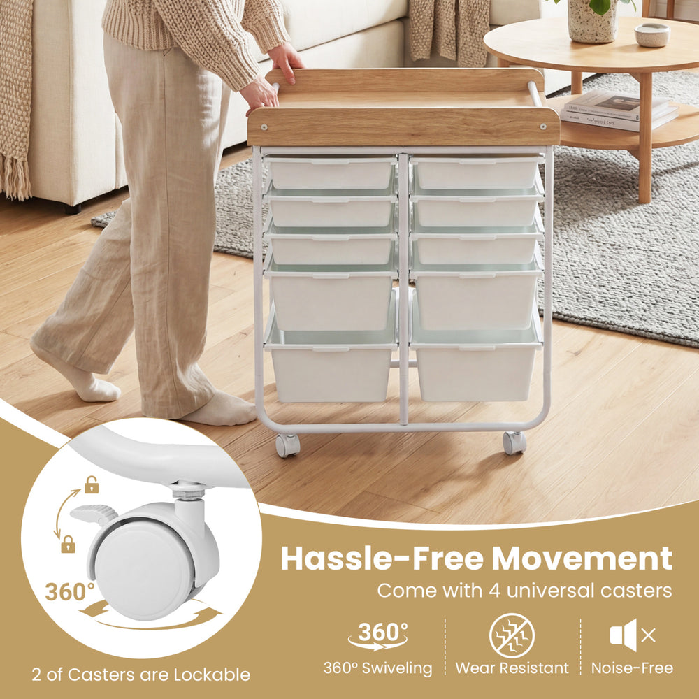 10-drawer rolling cart featuring a wooden tabletop, 360-degree swivel casters, and removable drawers for easy cleaning.