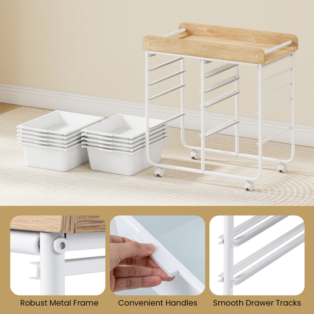 10-drawer rolling cart with wooden tabletop, sturdy metal frame, and lockable wheels for organized office storage.