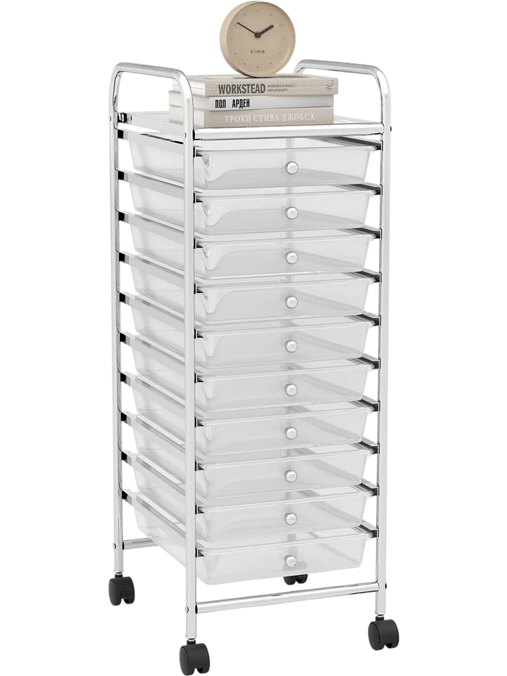 10-drawer rolling storage cart with chrome plated steel frame and clear drawers, perfect for organizing supplies in any.