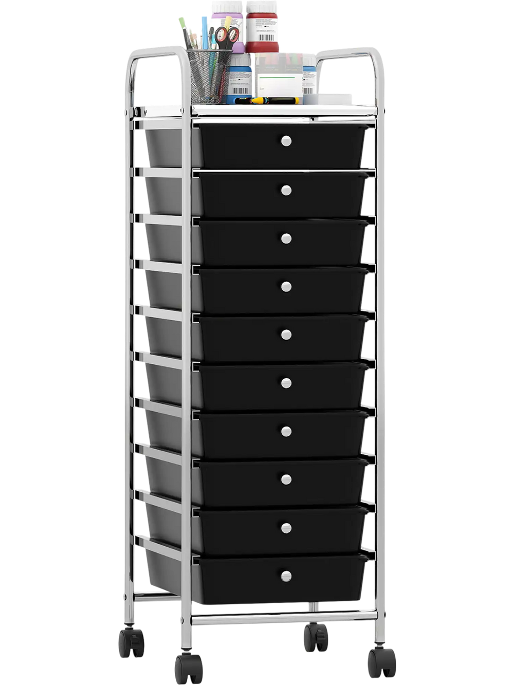 10-drawer rolling storage cart with a black finish, metal frame, and lockable wheels, ideal for home or classroom.