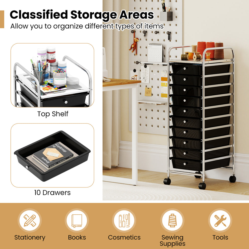 10-drawer rolling storage cart with black drawers and metal frame, ideal for organizing stationery, tools, and.