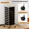 10-drawer rolling storage cart in black with metal frame and lockable wheels, ideal for home, dorms, or classrooms.