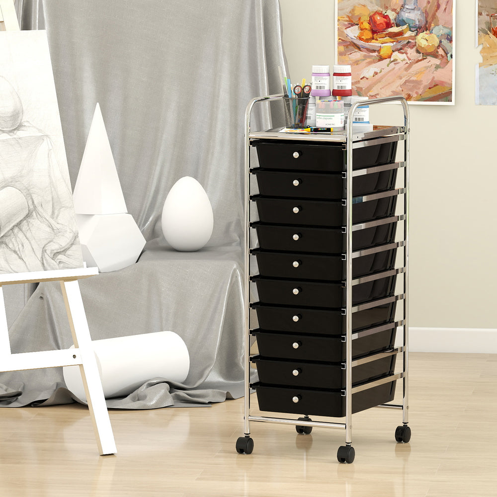 10-drawer rolling storage cart in black with chrome metal frame and wheels, ideal for home, dorms, or classrooms.