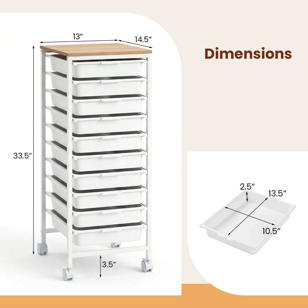 10-drawer rolling storage cart with wooden tabletop, white metal frame, and lockable wheels for versatile organization.