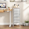 10-drawer rolling storage cart in white with wooden tabletop, ideal for organizing office supplies in any workspace.