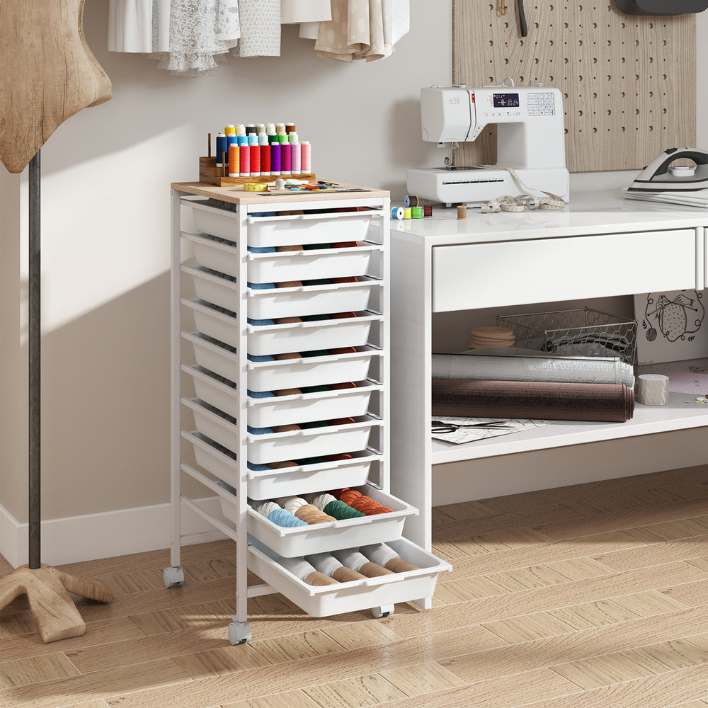 10-drawer rolling storage cart with wooden tabletop, lockable wheels, and a durable metal frame for organizing supplies.