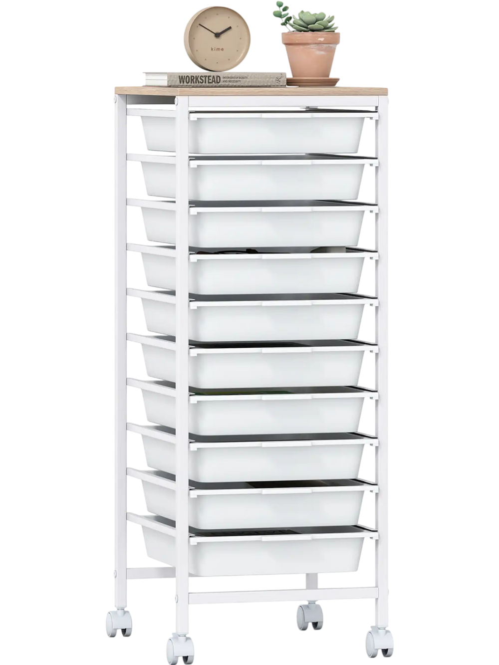 10-drawer rolling storage cart with white drawers and wooden tabletop, ideal for organizing office or craft supplies.