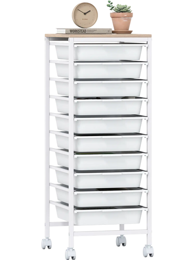 Costway 10-Drawer Rolling Storage Cart Mobile Utility Organizer w/ Wooden Tabletop & Lockable Wheels 74608425 New
