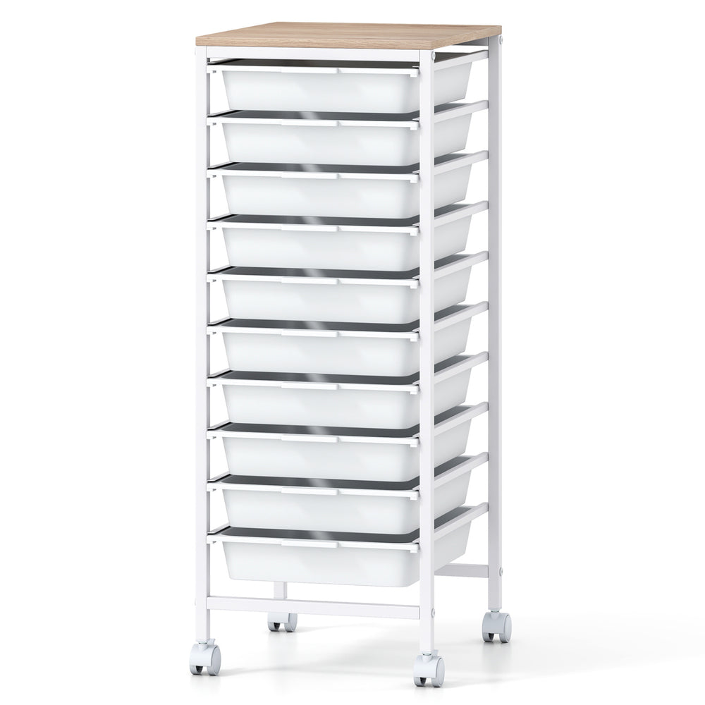 10-drawer rolling storage cart with wooden tabletop, white frame, and lockable wheels for versatile organization.
