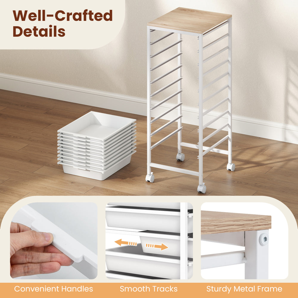 10-drawer rolling storage cart with wooden tabletop, sturdy metal frame, and lockable wheels for versatile organization.