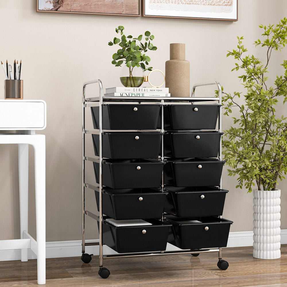 10-drawer rolling storage cart in black with a mesh platform, designed for easy mobility and versatile organization in.
