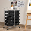 10-drawer rolling storage cart in black with a close-up view of the metal handles and universal wheels for easy.