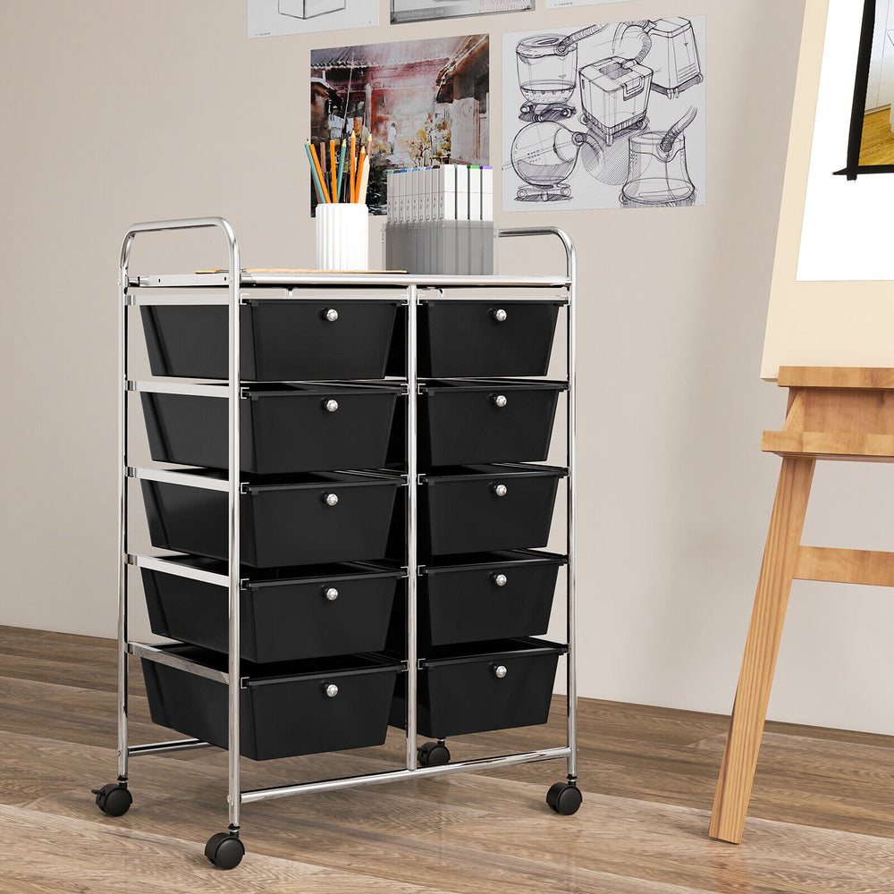 10-drawer rolling storage cart in black with a close-up view of the metal handles and universal wheels for easy.