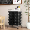 10-drawer rolling storage cart in black, featuring a front view of the sturdy metal frame and removable drawers for.